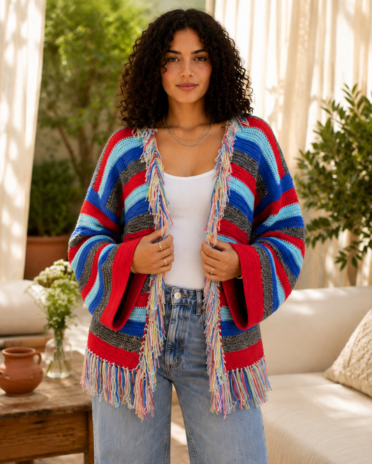 Rainbow Fringe Crochet Cardigan