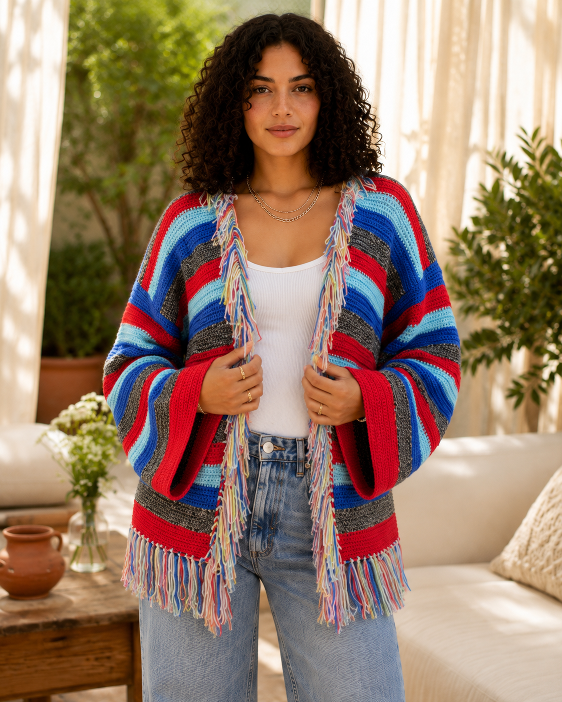 Rainbow Fringe Crochet Cardigan